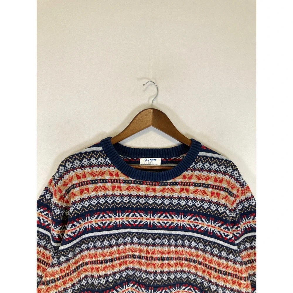 Fair Isle Cabincore‎ Old Navy Womens XL Navy Orange Knit Crewneck Sweater